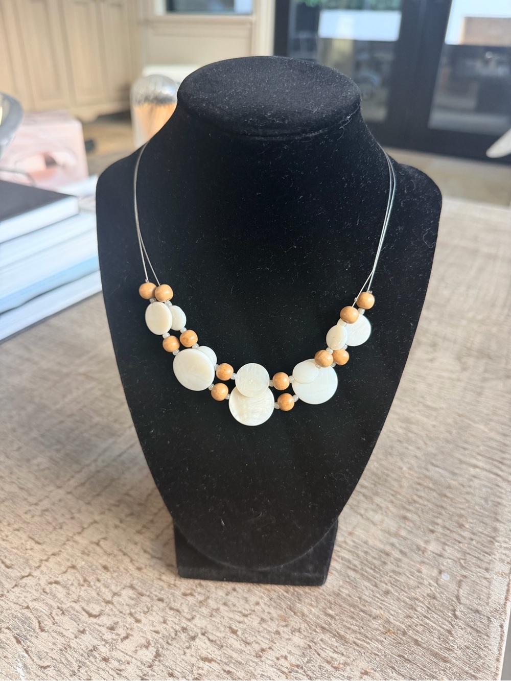 Layered mother-of-pearl Disc & Wood Bead Necklace - Cream and Tan, boho minimal